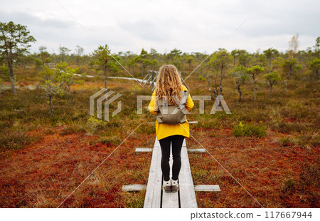 Woman traveler in a yellow coat walks along a wooden walking path along the wetlands. Back view. 117667944
