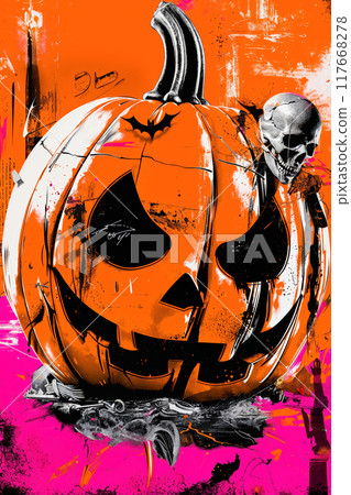 Halloween Jack-o'-Lantern with Skull and Bat on Graffiti-Inspired orange pink Background Halloween Jack-o'-Lantern with Skull and Bat on Graffiti-Inspired orange pink Background 117668278