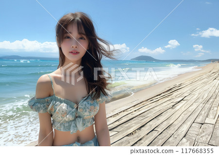A beautiful girl wearing a strapless top with a resort feel 117668355