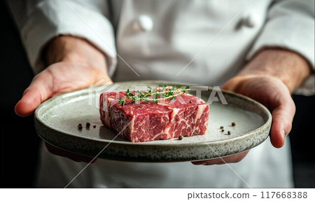 Chef holding plate with fresh raw Kobe beef filet, dark background with copy space Chef holding plate with fresh raw Kobe beef filet, dark background with copy space 117668388