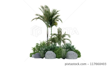 vegetation nature plant green natural environment foliage background 3d render. landscape tree jungle summer forest leaf tropical garden ecology grass. flora isolated park bush wild tropic. 117668403