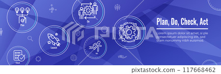 Plan Do Check Act Business Strategy - Procedure for Continuous Improvement Icon Set and Web Header Banner 117668462