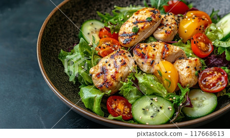 Grilled chicken salad with fresh vegetables and cherry tomatoes in a bowl Grilled chicken salad with fresh vegetables and cherry tomatoes in a bowl 117668613