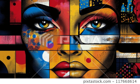 Colorful portrait of a woman with abstract digital patterns in the background Colorful portrait of a woman with abstract digital patterns in the background 117668614
