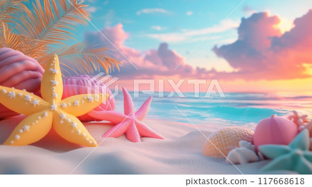 Colorful starfish and seashells on a sandy beach at sunset 117668618