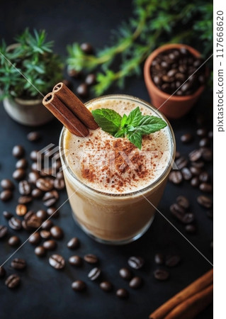Iced coffee drinks with cinnamon garnish and coffee beans on a dark background 117668620