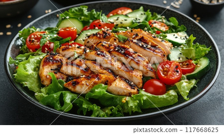 Grilled chicken salad with fresh vegetables and cherry tomatoes in a bowl Grilled chicken salad with fresh vegetables and cherry tomatoes in a bowl 117668625