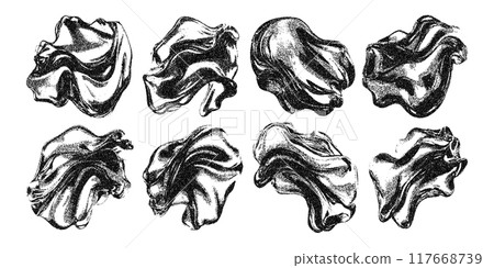 3d stipple effect fluid shapes. Liquid abstract futuristic halftone elements. Retro grunge y2k geometric icons, with newspaper bitmap texture. Vector illustration for collage sticker, music cover 117668739