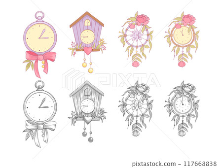 Vintage clock face. Retro clocks watchface with roman numerals, ornate watch and antic watches design. Antique elegant hour time clock. Isolated vector illustration icons set Vintage clock face. Retro clocks watchface with roman numerals, ornate watch and antic watches design. Antique elegant hour time clock. Isolated vector illustration icons set 117668838