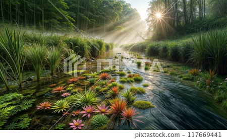 Lush greenery surrounds the creek flowing through forest Lush greenery surrounds the creek flowing through forest 117669441