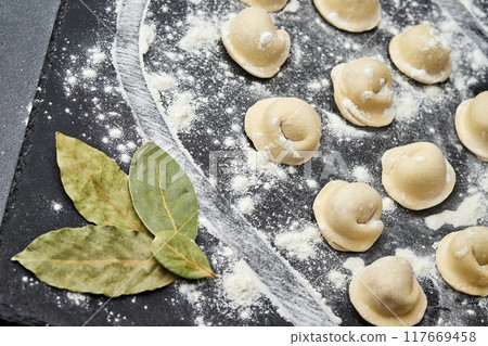 Handmade Ukrainian meat dumplings, ready for cooking, traditional varenyky with meat filling 117669458