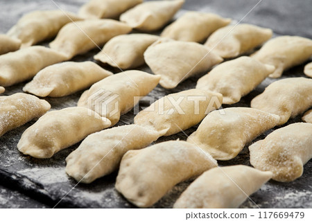 Freshly prepared homemade dumplings ready for cooking, showcasing traditional culinary skills 117669479