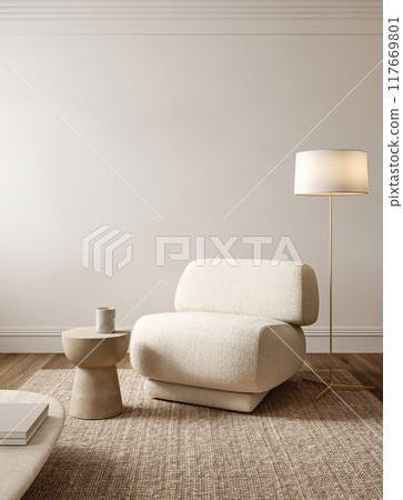 Modern minimalist living room with a textured beige armchair, brass floor lamp and elegant side table, 3d rendering 117669801