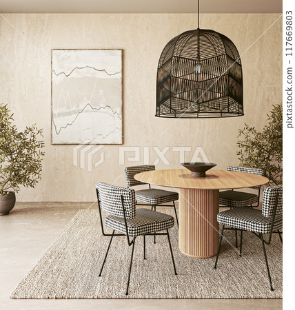 Modern dining room with stylish houndstooth chairs and large black pendant light over wooden table, 3d rendering 117669803