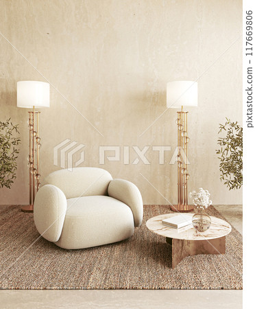 Luxurious living room with cozy beige armchair, marble coffee table, and brass floor lamps, 3d rendering 117669806