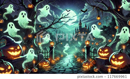 Ghosts, pumpkins and castles floating on a Halloween moonlit night 4 Ghosts, pumpkins and castles floating on a Halloween moonlit night 4 117669961