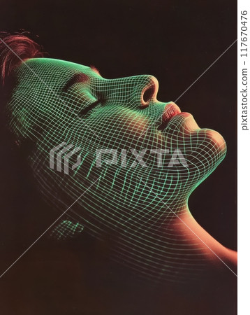 Ultra-realistic digital portrait with neon green grid overlay on a human face showcasing technology and futuristic art. 117670476