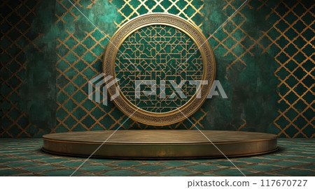 Elegant Islamic star and cross pattern in golden accents on a podium backdrop 117670727