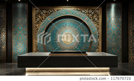 Intricate Islamic mosaic wall art decor in turquoise and gold, showcasing traditional geometric patterns and arabesque style in a modern, elegant setting 117670728