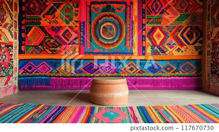 Traditional Guatemalan textile pattern with vibrant colors and geometric designs enhancing cultural richness Traditional Guatemalan textile pattern with vibrant colors and geometric designs enhancing cultural richness 117670730