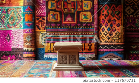 Colorful traditional Guatemalan textile pattern with vibrant woven designs and intricate motifs displayed in a cultural setting Colorful traditional Guatemalan textile pattern with vibrant woven designs and intricate motifs displayed in a cultural setting 117670731