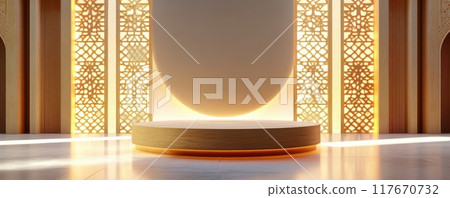 Traditional Eastern geometric pattern with warm sunlight casting intricate shadows on architecture featuring a round wooden platform Traditional Eastern geometric pattern with warm sunlight casting intricate shadows on architecture featuring a round wooden platform 117670732