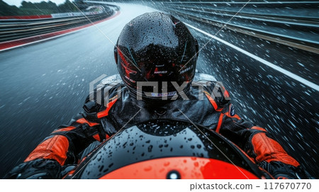 Dynamic superbike rider expertly navigates a challenging wet track amidst rain and speed 117670770