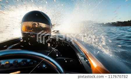 Intense speedboat racing with a daring pilot taking a sharp turn, capturing the thrill and excitement of high-speed watersports on a sunny day with splashing water Intense speedboat racing with a daring pilot taking a sharp turn, capturing the thrill and excitement of high-speed watersports on a sunny day with splashing water 117670782