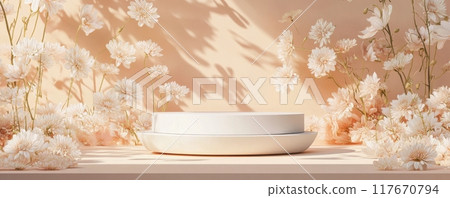 Elegant Korean chrysanthemum pattern in pastel tones with soft floral arrangement and minimalistic design on display backdrop 117670794