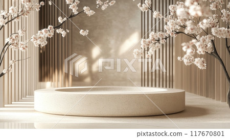 Serene Japanese cherry blossom garden with a circular stone sculpture surrounded by calming soft light and delicate sakura branches. Serene Japanese cherry blossom garden with a circular stone sculpture surrounded by calming soft light and delicate sakura branches. 117670801