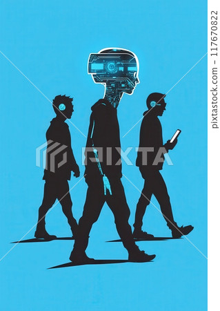 Illustration depicting human evolution transitioning into a digital age with cyborg figures in silhouette walking against a blue background 117670822