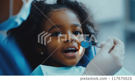 Young girl smiling during a dental check-up, sitting in the dentist chair with dentist examining her teeth using a mirror tool 117670828