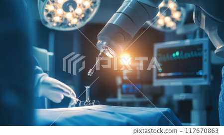 Robotic arm in a high-tech operating room handling surgical instruments with precision under bright operating lights Robotic arm in a high-tech operating room handling surgical instruments with precision under bright operating lights 117670863