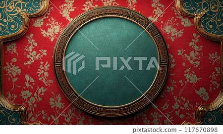 Elegant Chinese brocade pattern in rich red and gold with intricate floral design and turquoise circular center decoration Elegant Chinese brocade pattern in rich red and gold with intricate floral design and turquoise circular center decoration 117670898