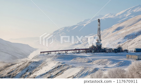 Remote gas well amidst snowy mountainous landscape with industrial structures under clear blue sky 117670911