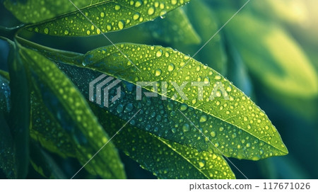 Green leaf shining with morning dew 1 117671026