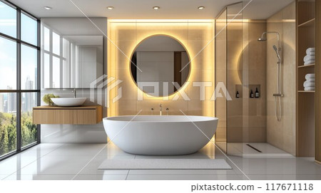 A sophisticated bathroom with golden lighting, a freestanding tub, and a large mirror. 117671118