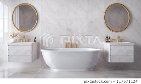 A minimalist bathroom with a white tub, beige walls, and natural wood decor. 117671124