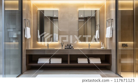 A sleek bathroom with a white tub, warm lighting, and metallic fixtures. 117671125