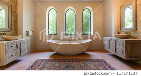 A traditional bathroom with a clawfoot tub, white walls, and classic fixtures. 117671137