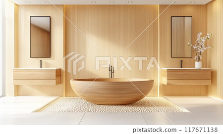 A contemporary bathroom with a freestanding wooden tub and minimalist decor. 117671138