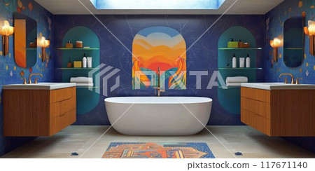 A colorful bathroom with a white bathtub, accented by vibrant wall art. A colorful bathroom with a white bathtub, accented by vibrant wall art. 117671140