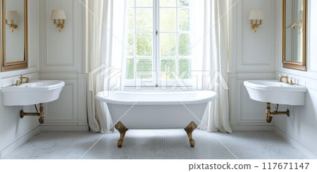 A vintage bathroom with a clawfoot tub, classic decor, and large windows. 117671147