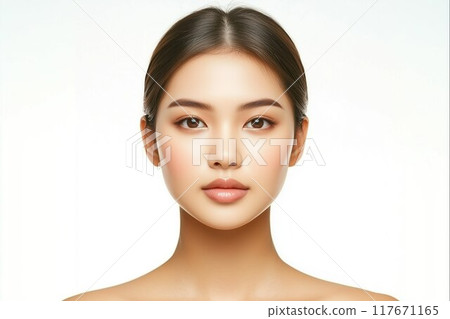A graceful portrait of a young Asian woman with a serene expression, captured against a light background. 117671165