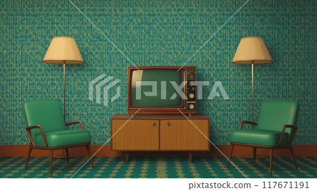 A retro-style living room with a vintage TV set, complemented by vintage furniture and decor. 117671191