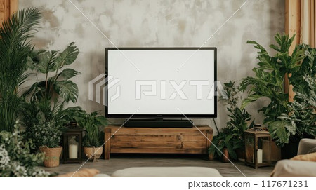 A rustic living room with a white screen TV on a wooden console, surrounded by greenery and cozy furniture. 117671231