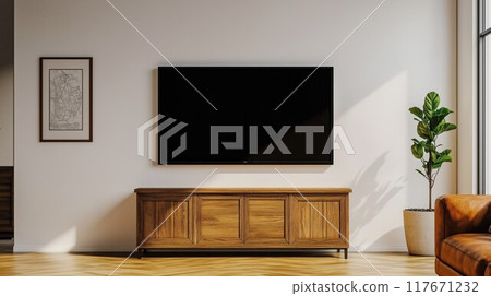 A flat-screen TV displayed on the wall, with minimalist decor and a neutral background. 117671232