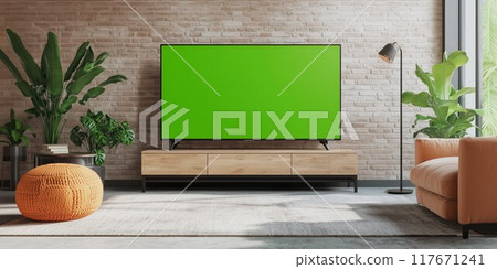 A bright and airy living room with a large green screen TV, featuring contemporary design elements and stylish decor. A bright and airy living room with a large green screen TV, featuring contemporary design elements and stylish decor. 117671241