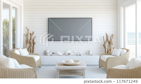 A TV with an empty screen, placed in a bright modern room, with contemporary furniture and decor creating a chic and stylish space. 117671249