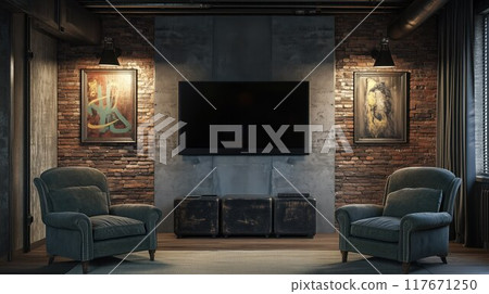A cozy industrial living room with a black flat-screen TV on a brick wall, featuring warm lighting and modern furniture. 117671250